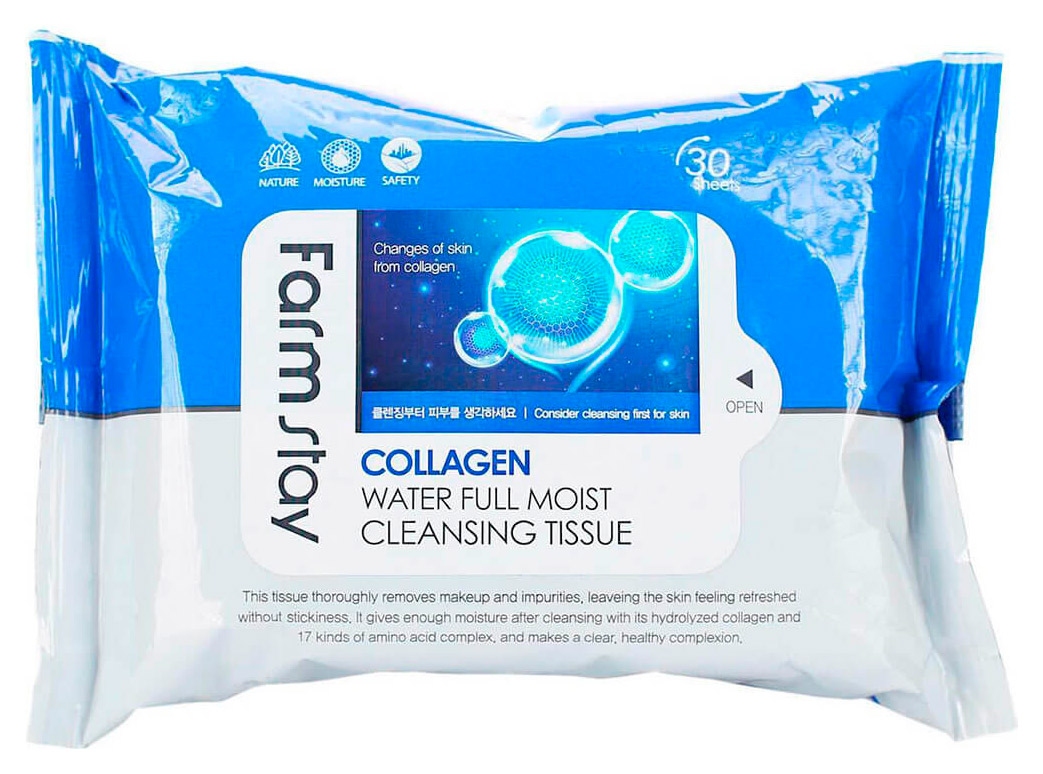 Серветки, що очищають, з колагеном FarmStay Collagen Water Full Moist Cleansing Tissue 30шт