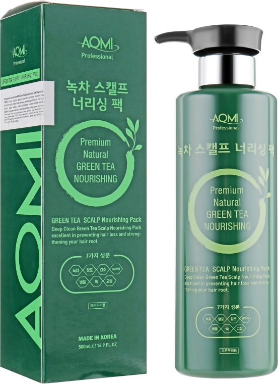 Укрепляющий кондиционер-маска для волос с экстрактом зеленого чая AOMI Green Tea Scalp Nourishing Pack 500ml