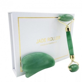 Набор гуаша ролик и скребок гусиная лапка из зеленого нефриту Jade Roller 